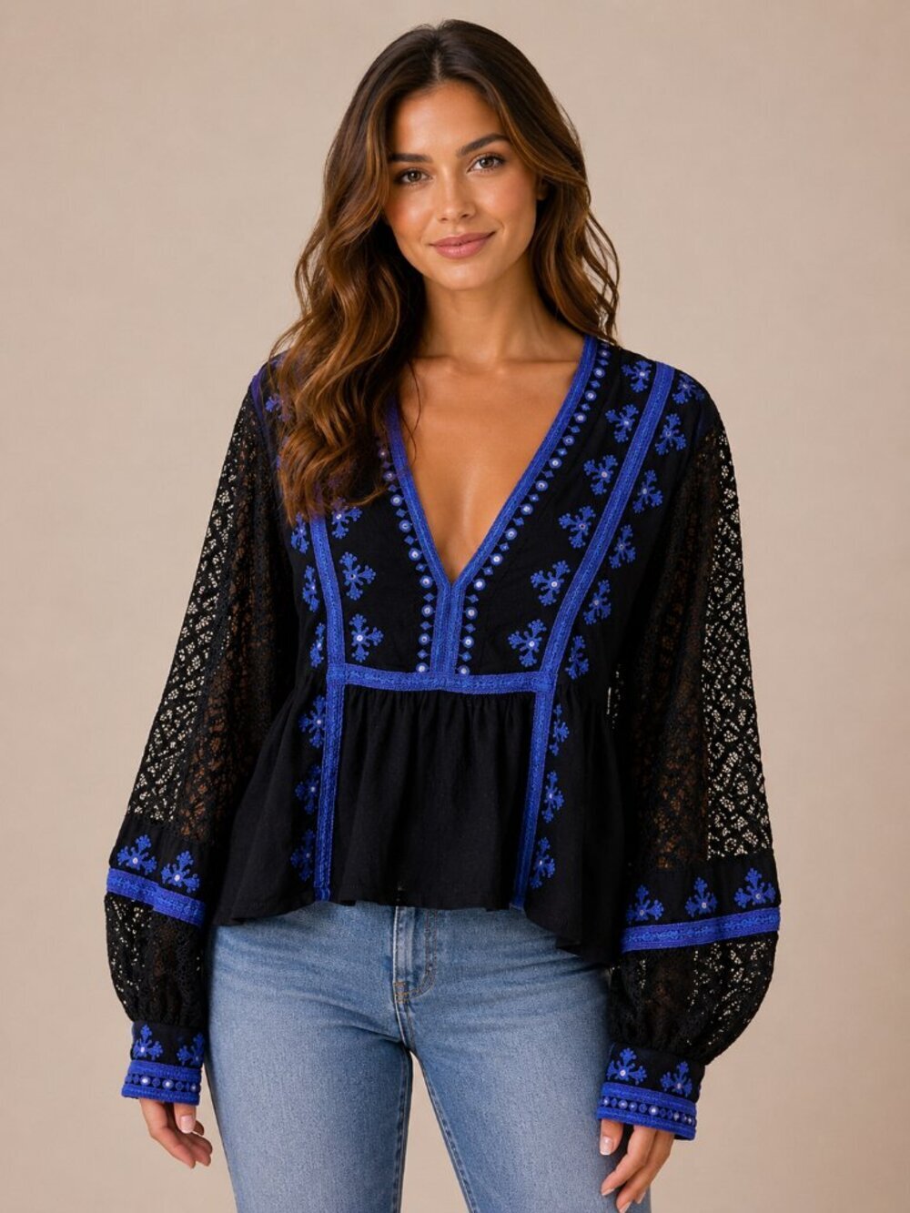 NWT Free People Boho Embroidered Lace Sleeve Top Black Blue Festival Cottagecore